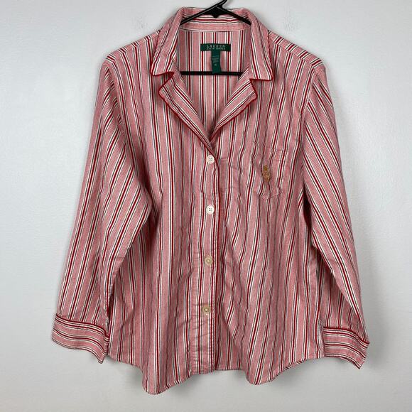 Lauren Ralph Lauren‎ Pajama Top Long Sleeve Cotton Red Striped Collared Size XL - Picture 1 of 11